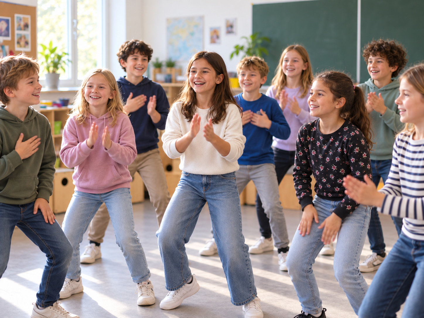 Schülerinnen und Schüler bei Bodypercussion im Klassenraum