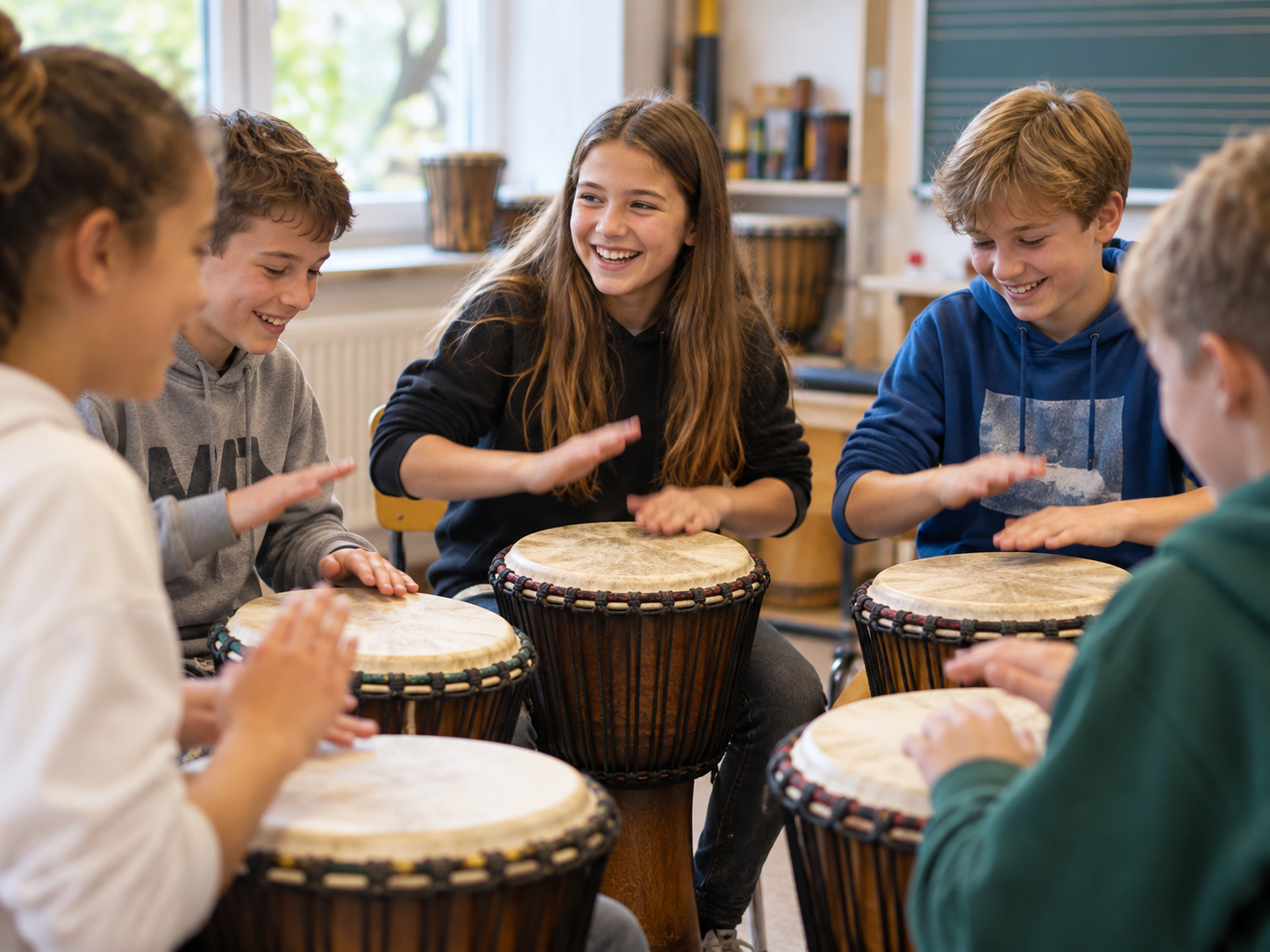 Schülerinnen und Schüler beim gemeinsamen Djembe-Trommeln im Klassenraum